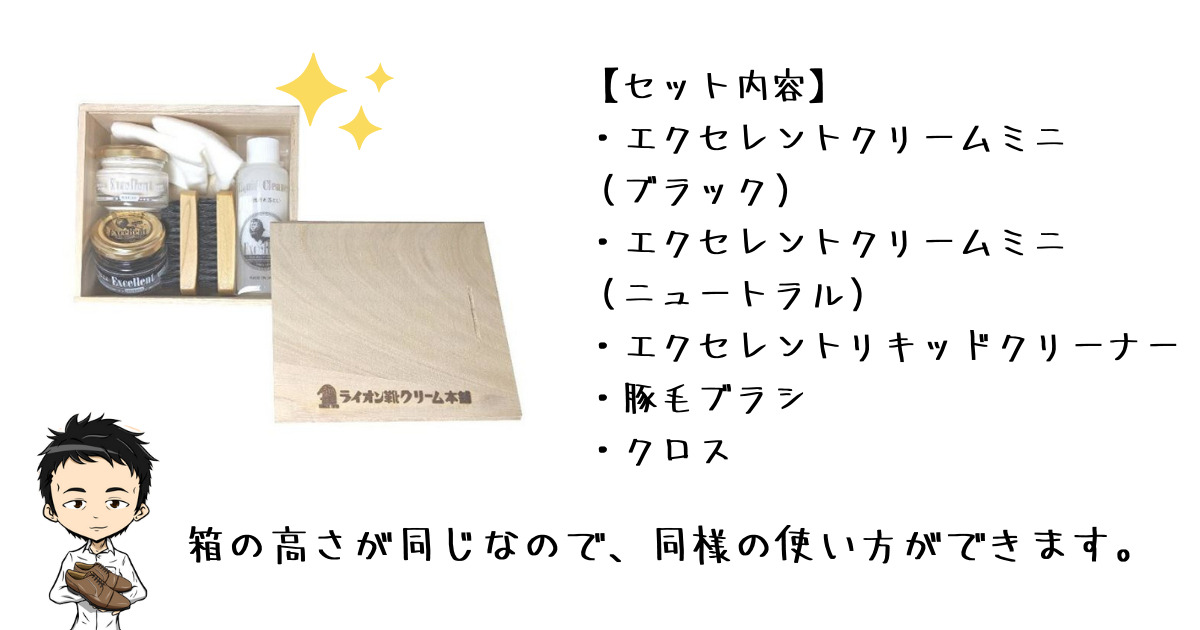 エクセレントミニシューケアボックスとセット内容の紹介図